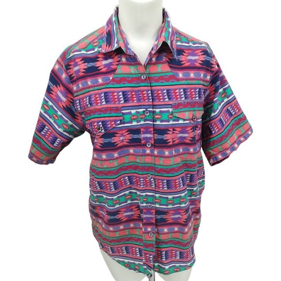 Vintage Button Front Pink Southwest Short Sleeve Shirt Size M? Womens Western - Picture 1 of 11